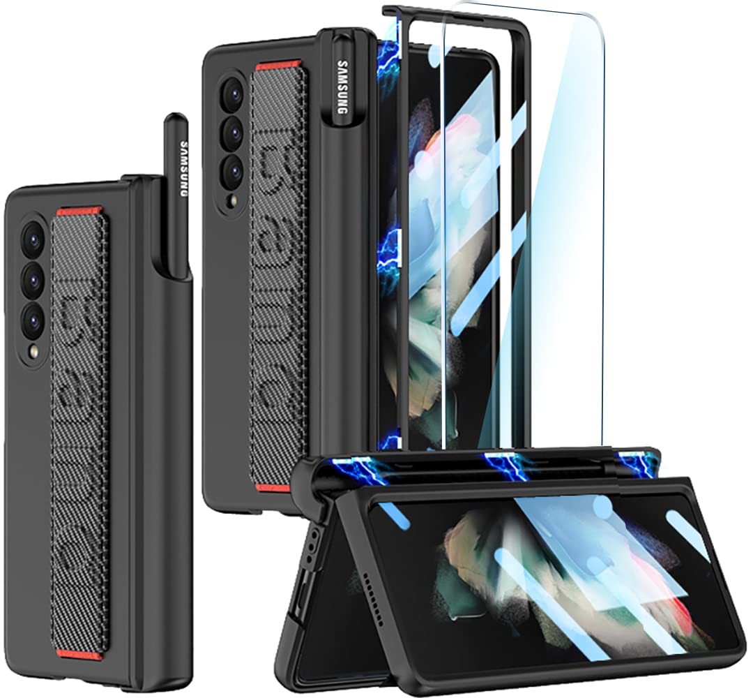 Soutem For Samsung Galaxy Z Fold 3 Case With Wrist Strap & Screen Protector & S Pen Slot,Magnetic Hinge Protective Bumper Case U